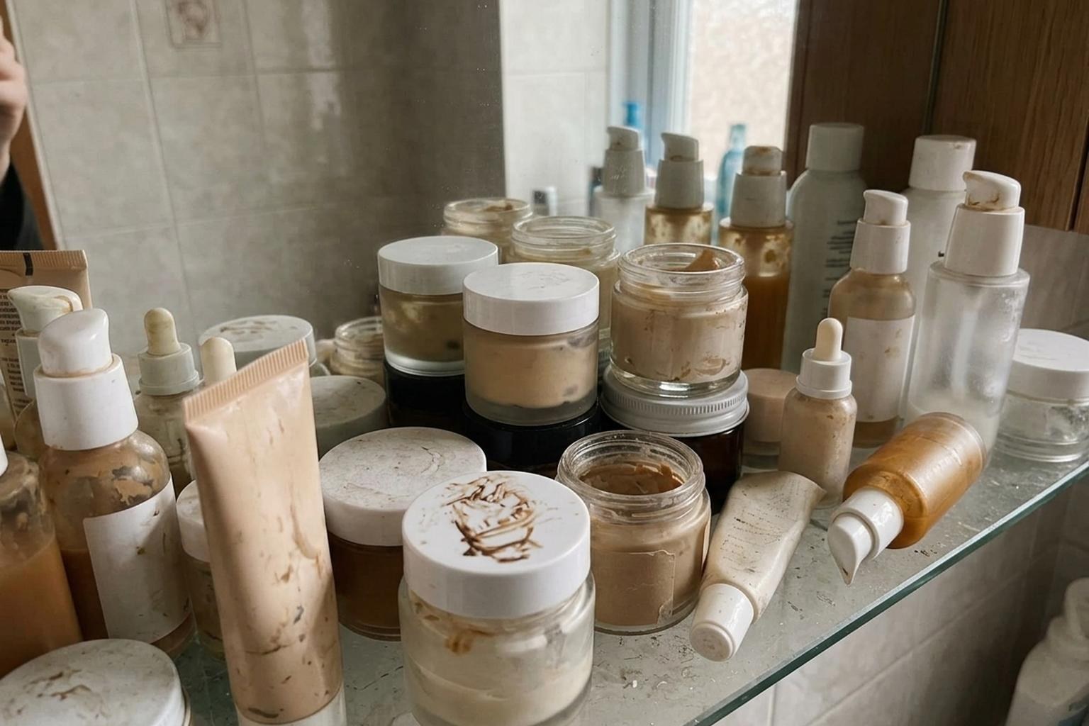 A bathroom shelf crowded with half-used creams and serums, the clutter one stick replaced