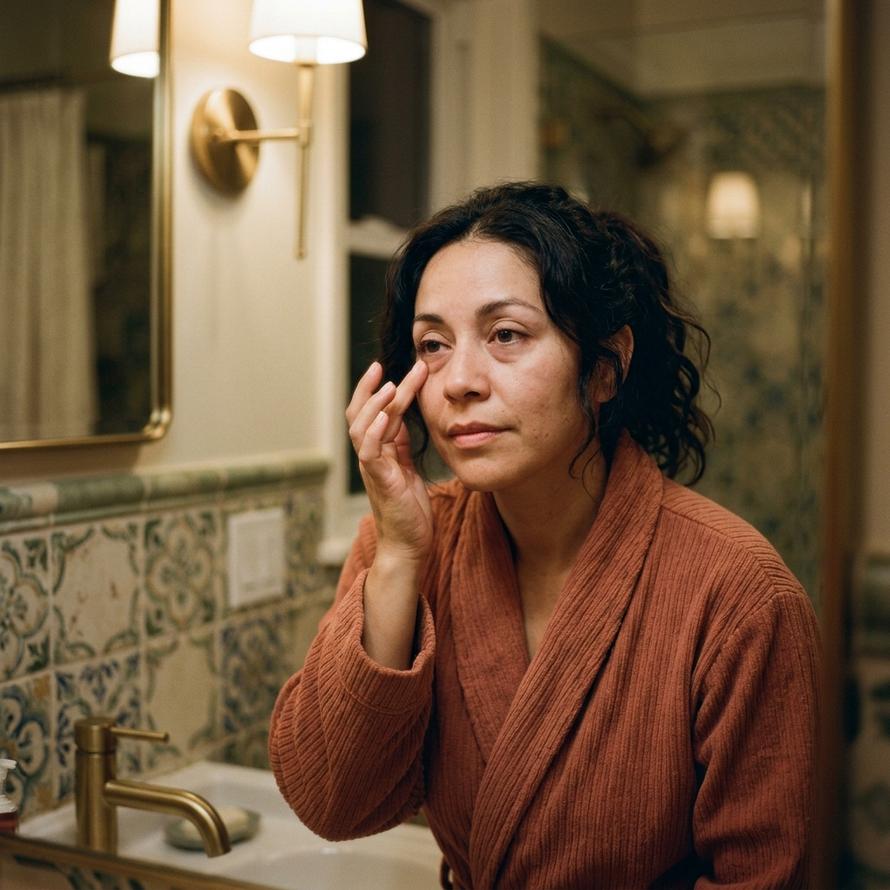 Woman looking tired in the evening as her skin sits flatter and lower