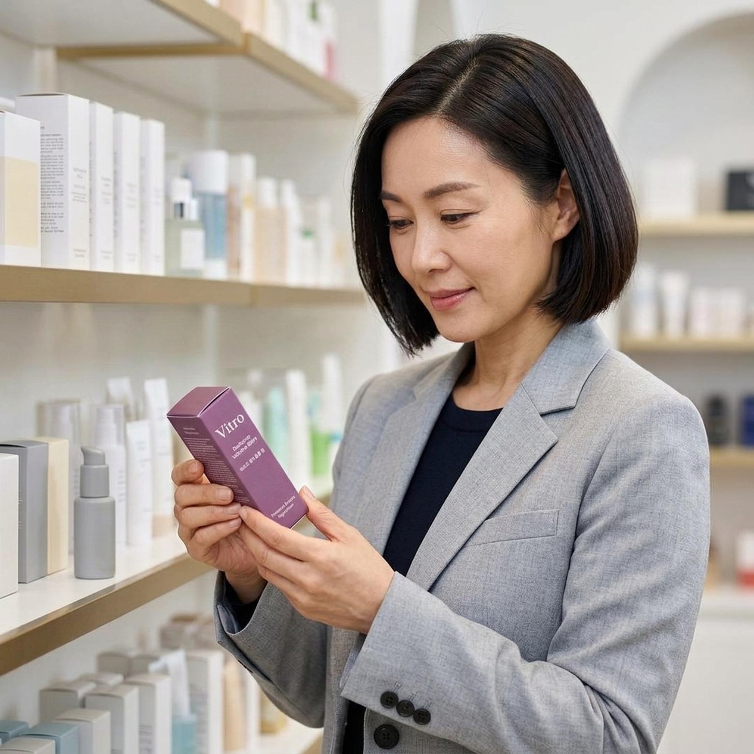 Woman reading the ingredient list on the back of a balm box in a store aisle