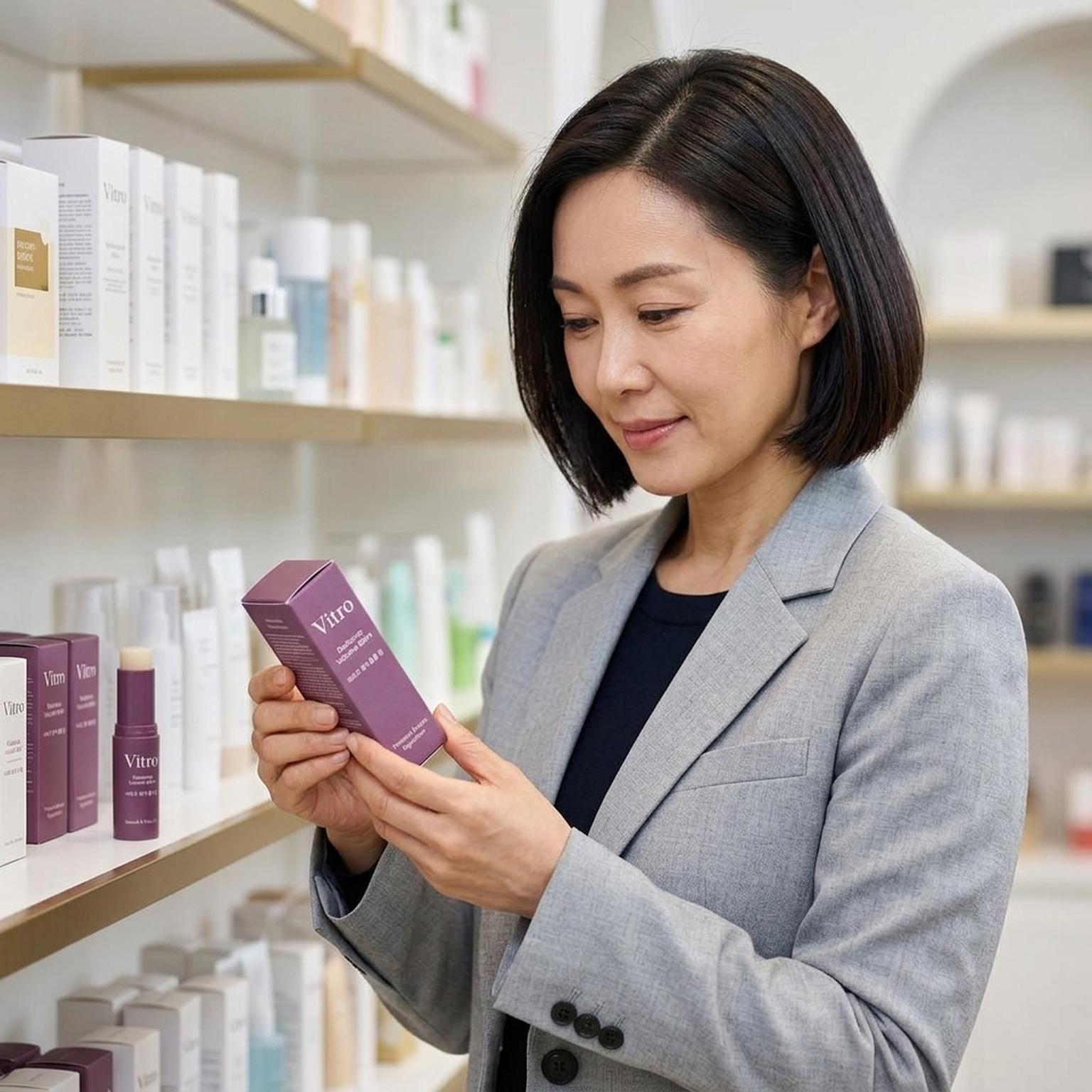 Woman reading the ingredient list on the back of a balm box in a store aisle