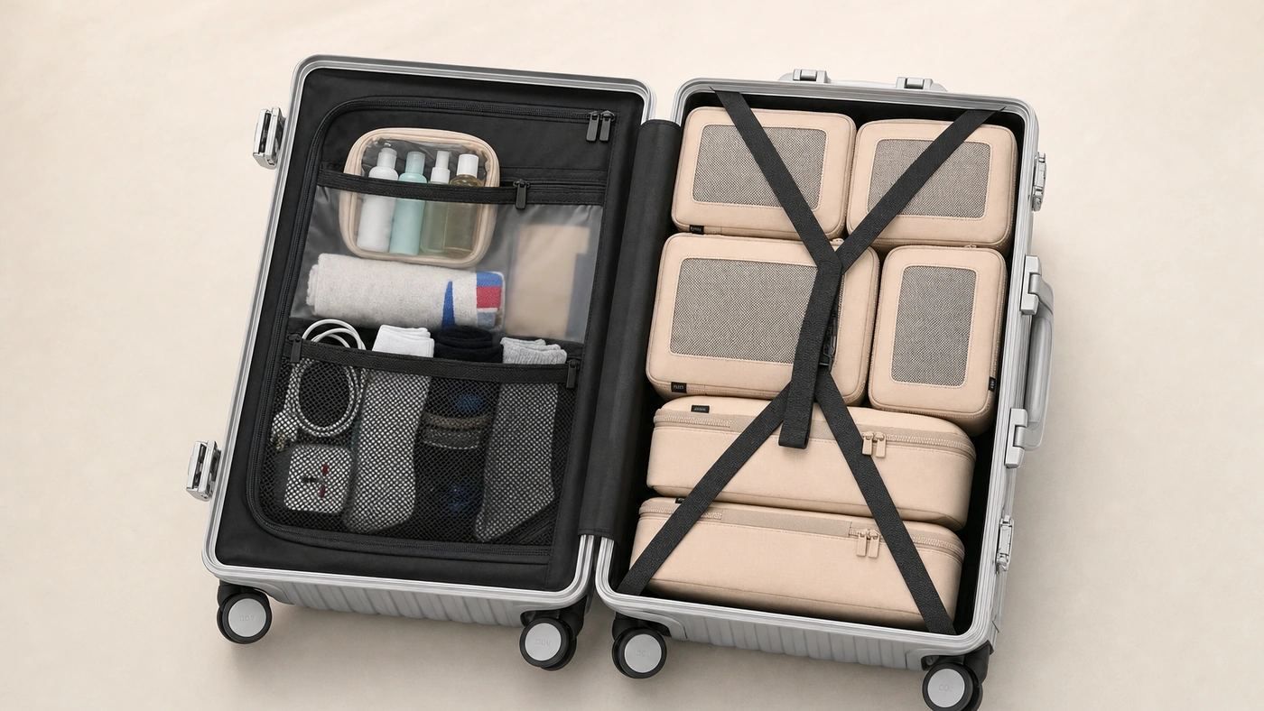 NOBL Carry-On All-in-One open with the Y-strap compression system
