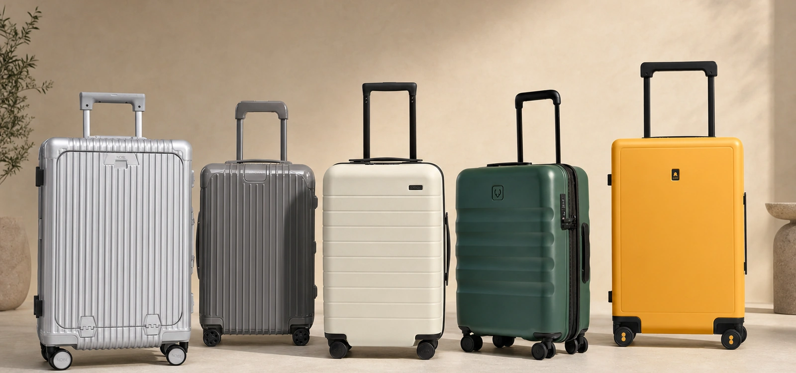 The five hardshell carry-ons we tested lined up side by side