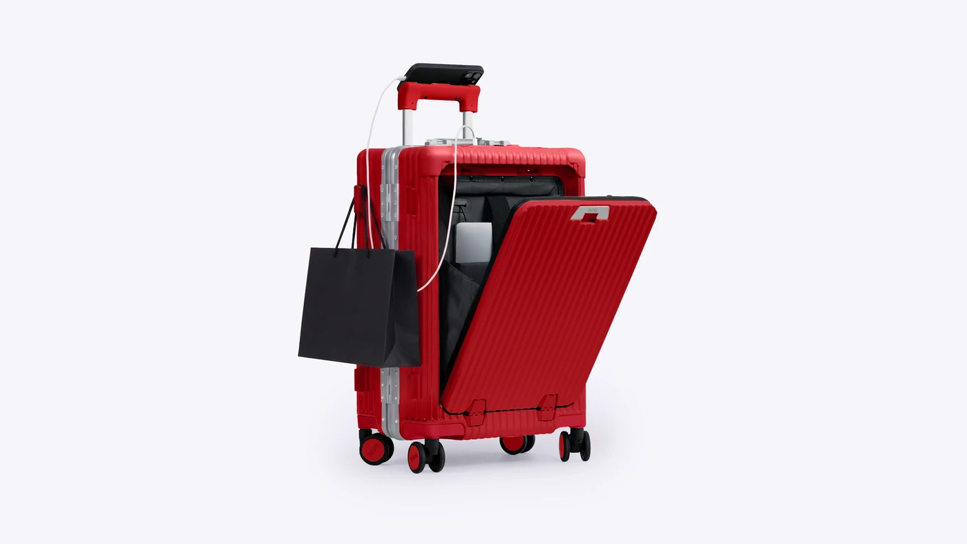 NOBL Carry-On open with the laptop pocket and bag hooks