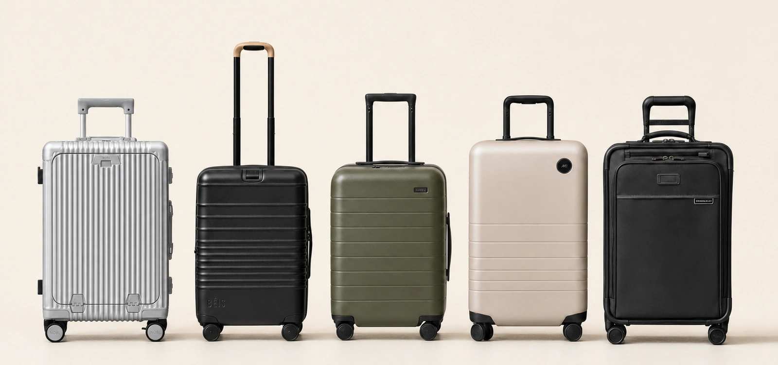All five hardshell carry-ons we tested, side by side: NOBL, Beis, Away, Monos and Briggs & Riley