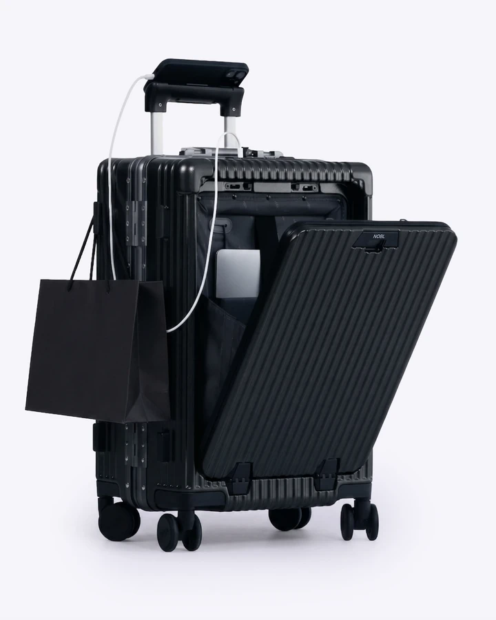 NOBL Carry-On open, showing the laptop pocket and bag hooks