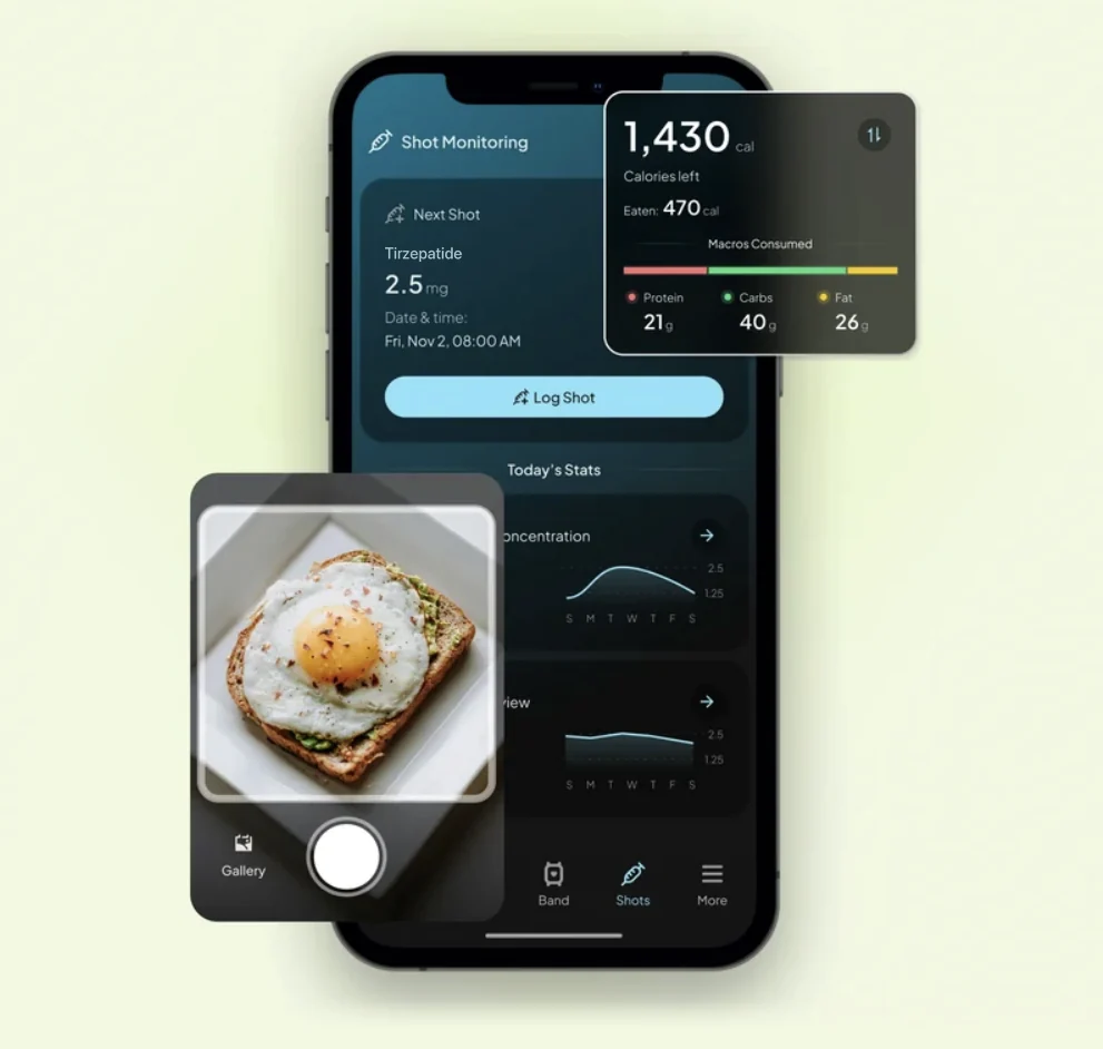 Hume app showing the next scheduled shot, calories left, macros and a meal photo being logged