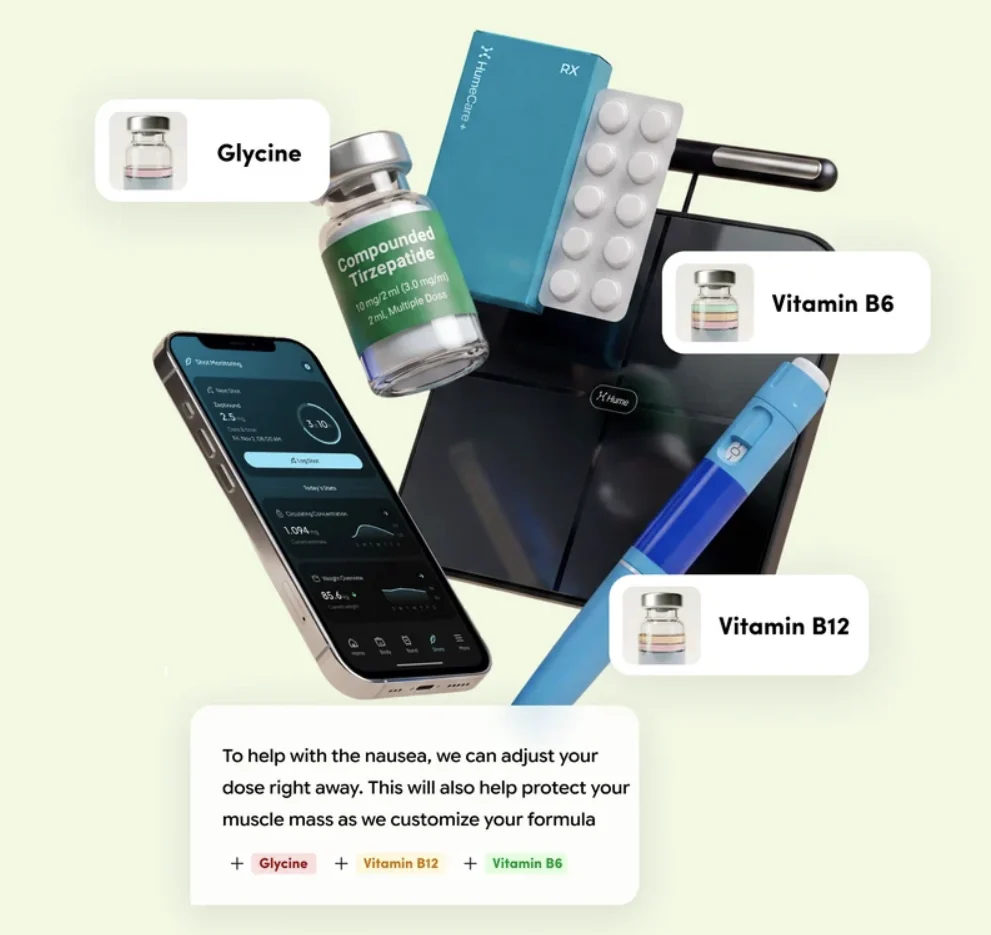 HumeCare+ protocol: compounded tirzepatide with glycine, vitamin B6 and vitamin B12, injection pen, Hume Body Pod and app
