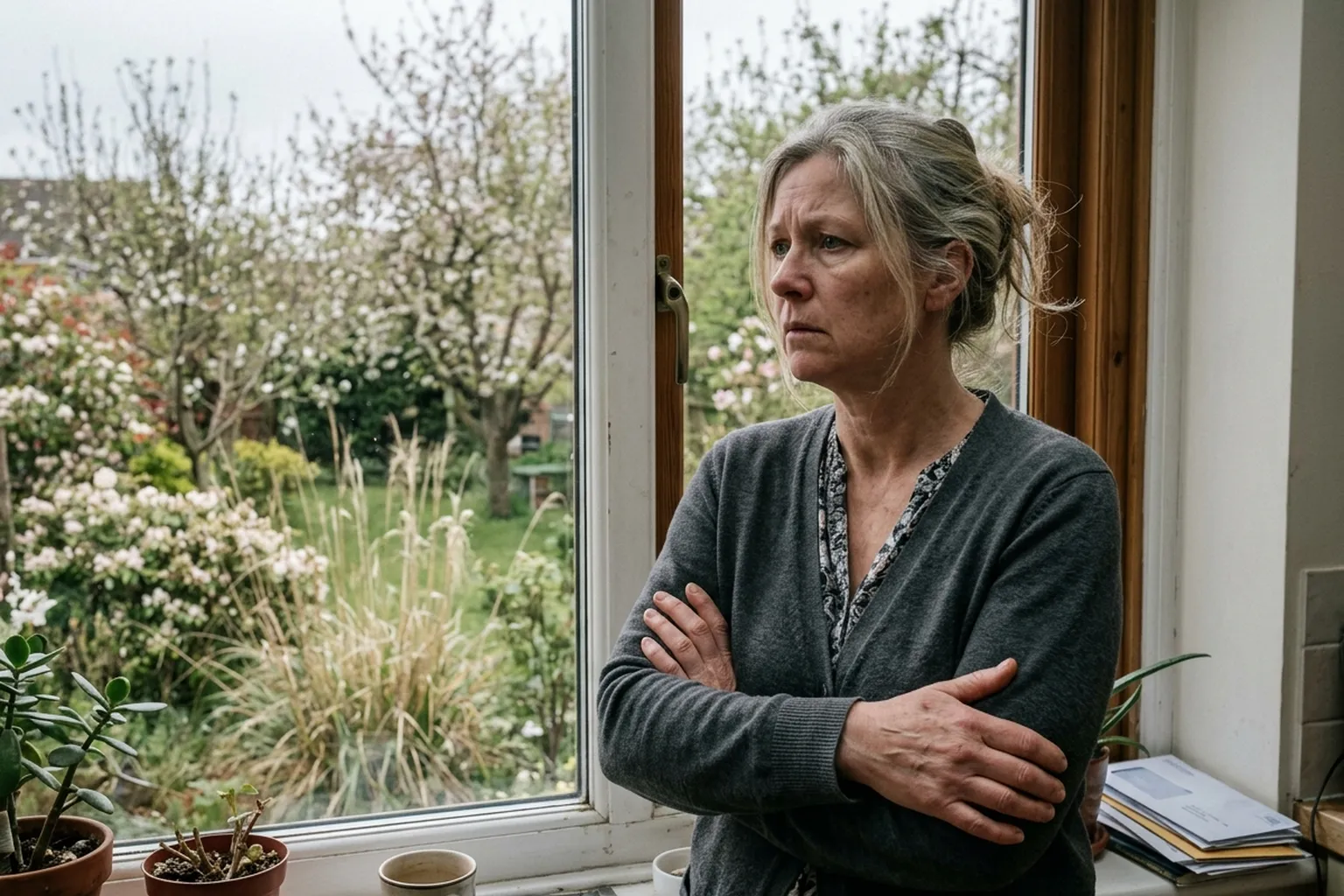 Woman in her fifties at the window with her arms folded, looking out at a garden in blossom at the start of allergy season
