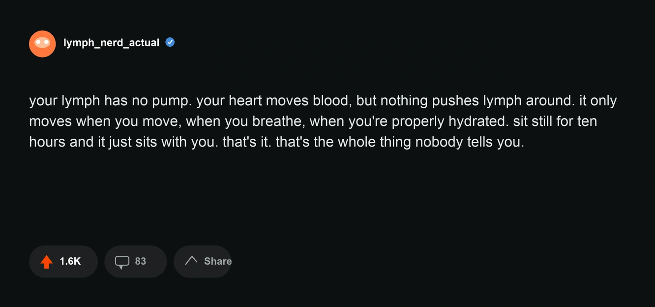 The comment explaining that the lymphatic system has no pump of its own and moves only when you do