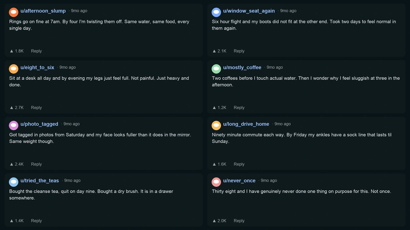 A grid of online comments from women using the same words: heavy, puffy and sluggish by evening