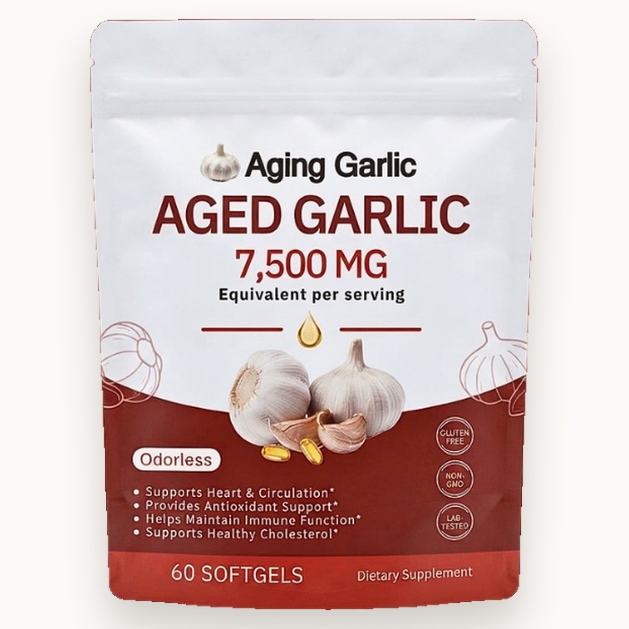 A pouch of Aging Garlic Aged Garlic Extract odorless softgels.