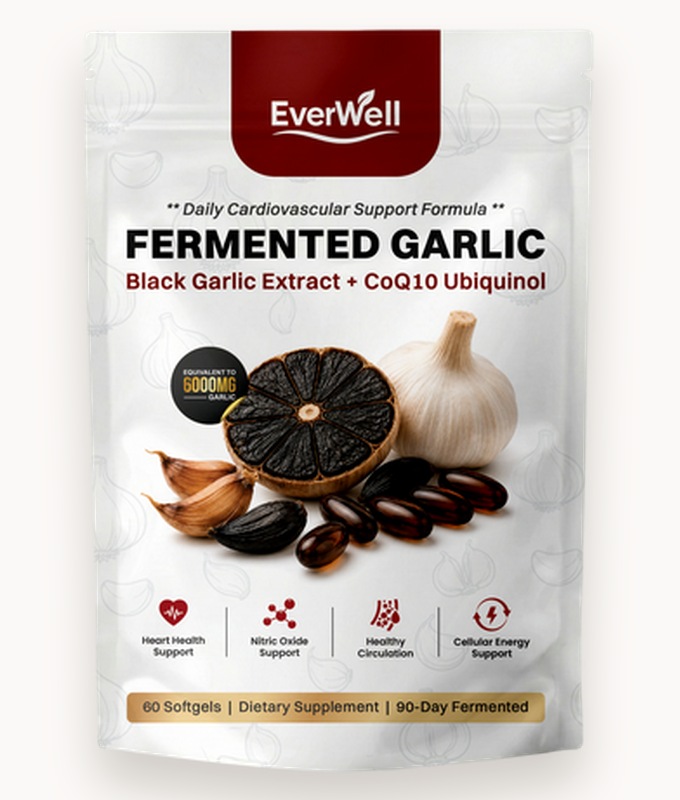 A pouch of EverWell Fermented Black Garlic Extract with CoQ10 Ubiquinol softgels.