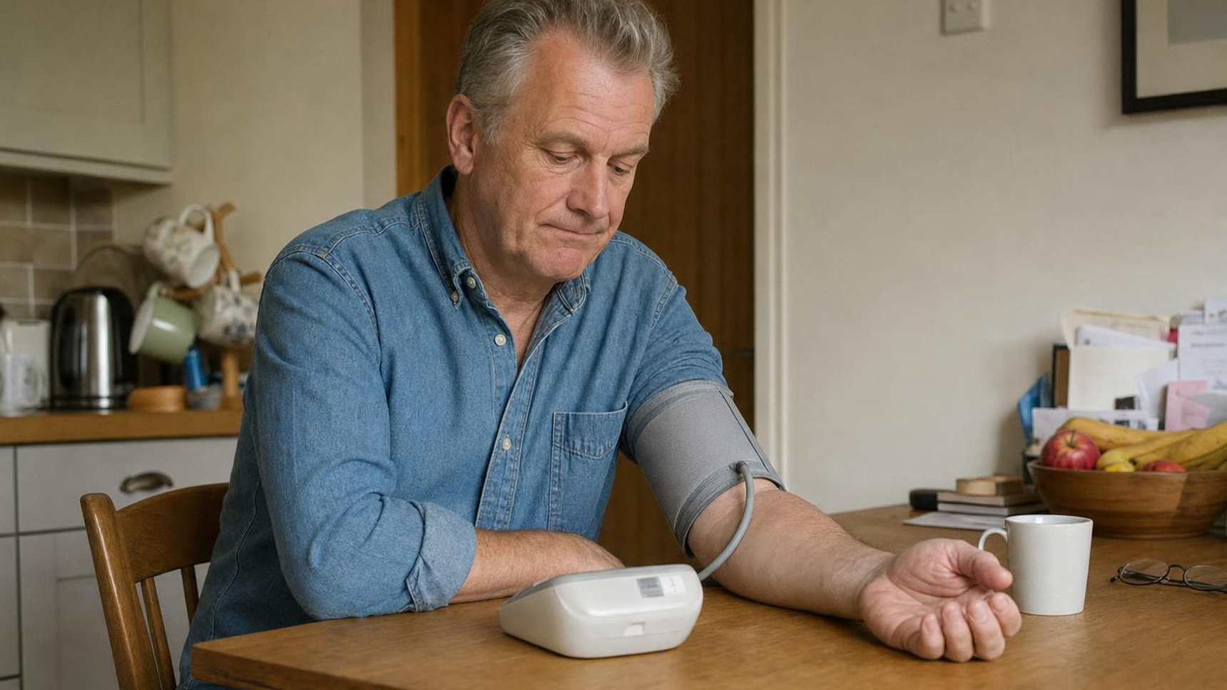 A man in his late fifties at his kitchen table, checking a home blood pressure monitor