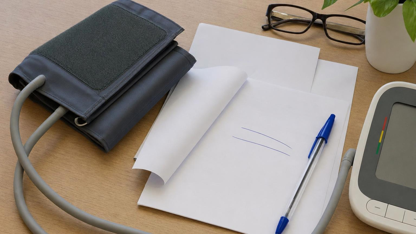 A blood pressure cuff and a marked lab slip on a doctor's desk