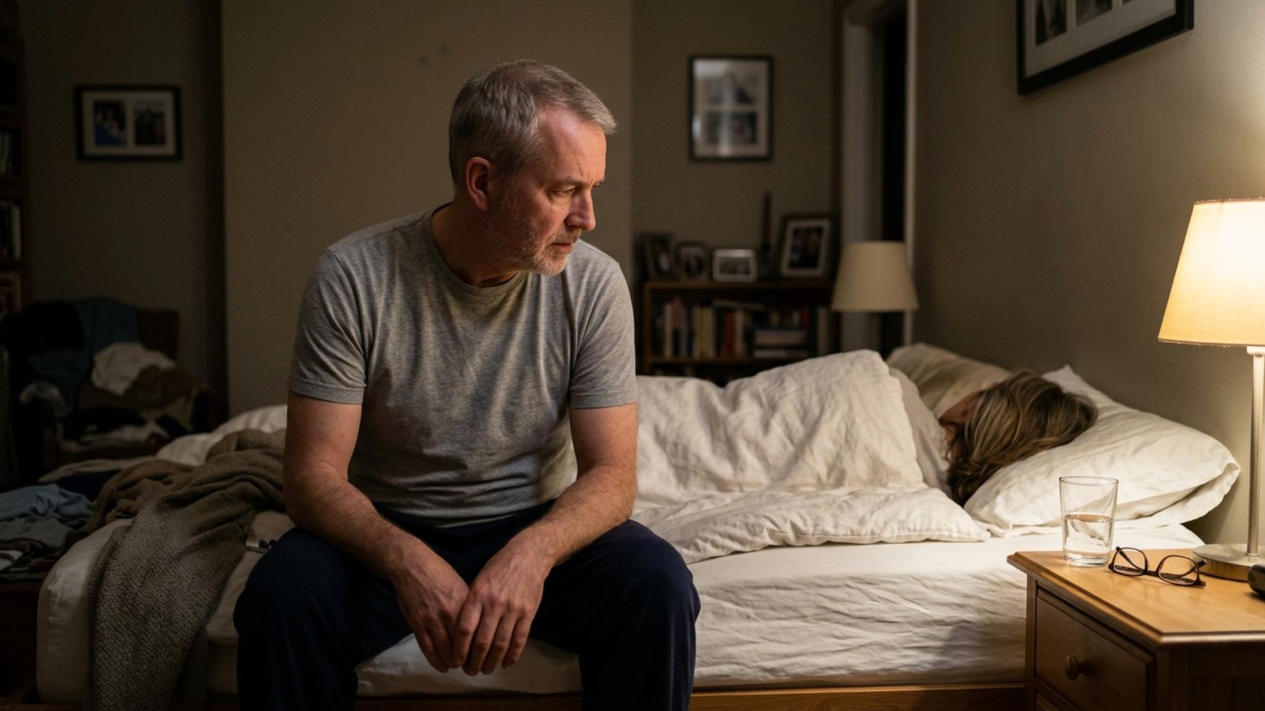 A man in his fifties sitting on the edge of the bed at night while his wife sleeps
