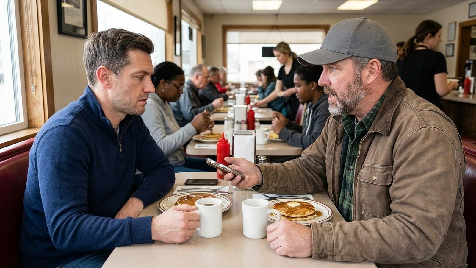 Two friends talking over breakfast in a diner booth