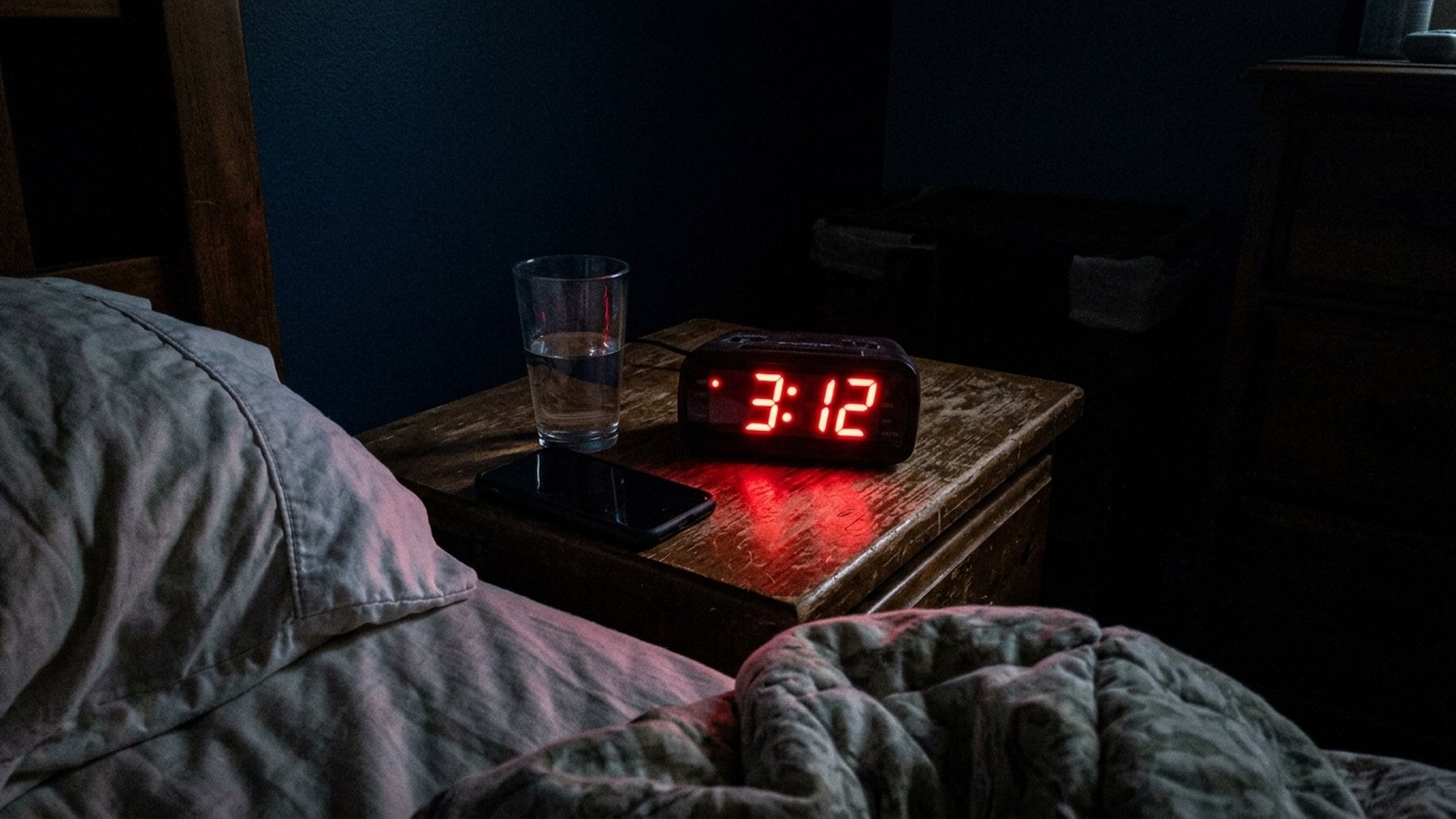 Bedside clock showing 3:12 in a dark bedroom