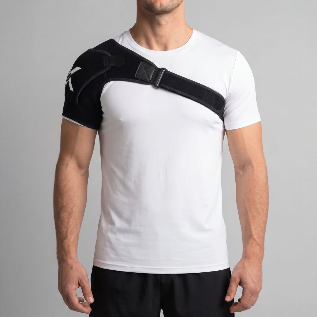 Kinetics Compression Shoulder Brace worn over a white T-shirt