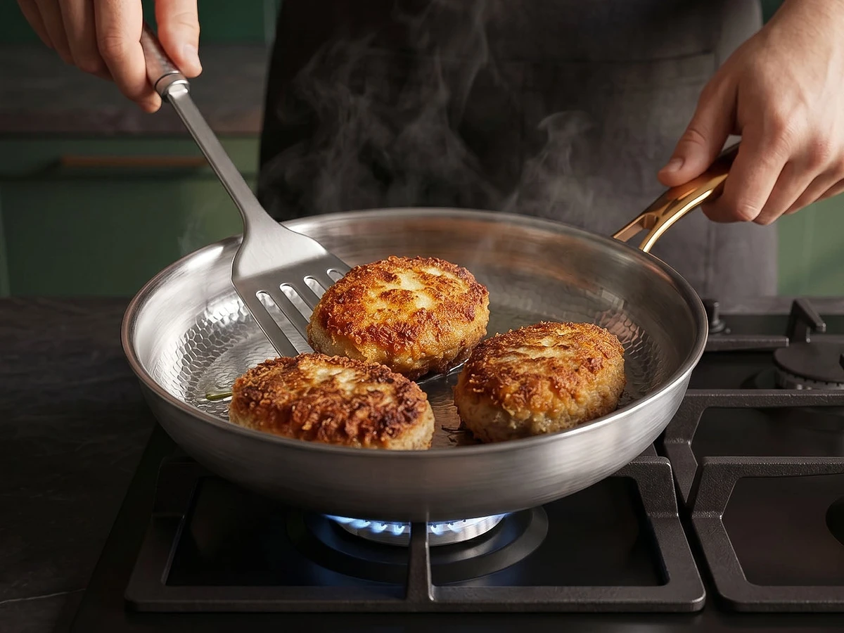Browning patties in the Taima pan over a gas flame