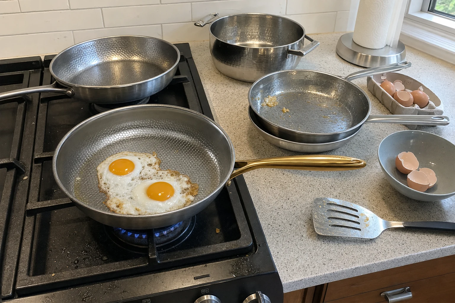 Frying eggs in the Taima pan on a home stove, with the other pans we tested beside it