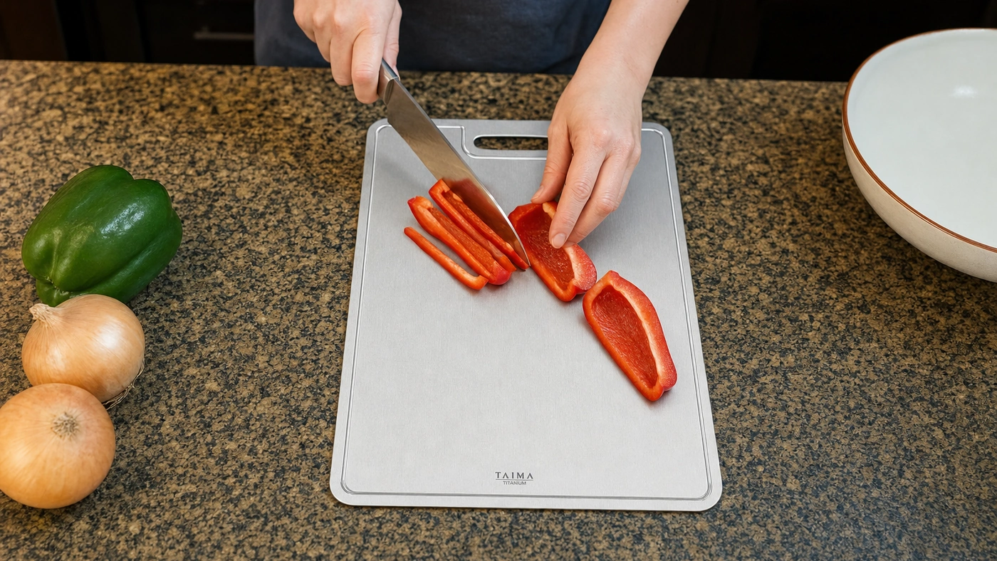 The Taima titanium board during a weeknight prep