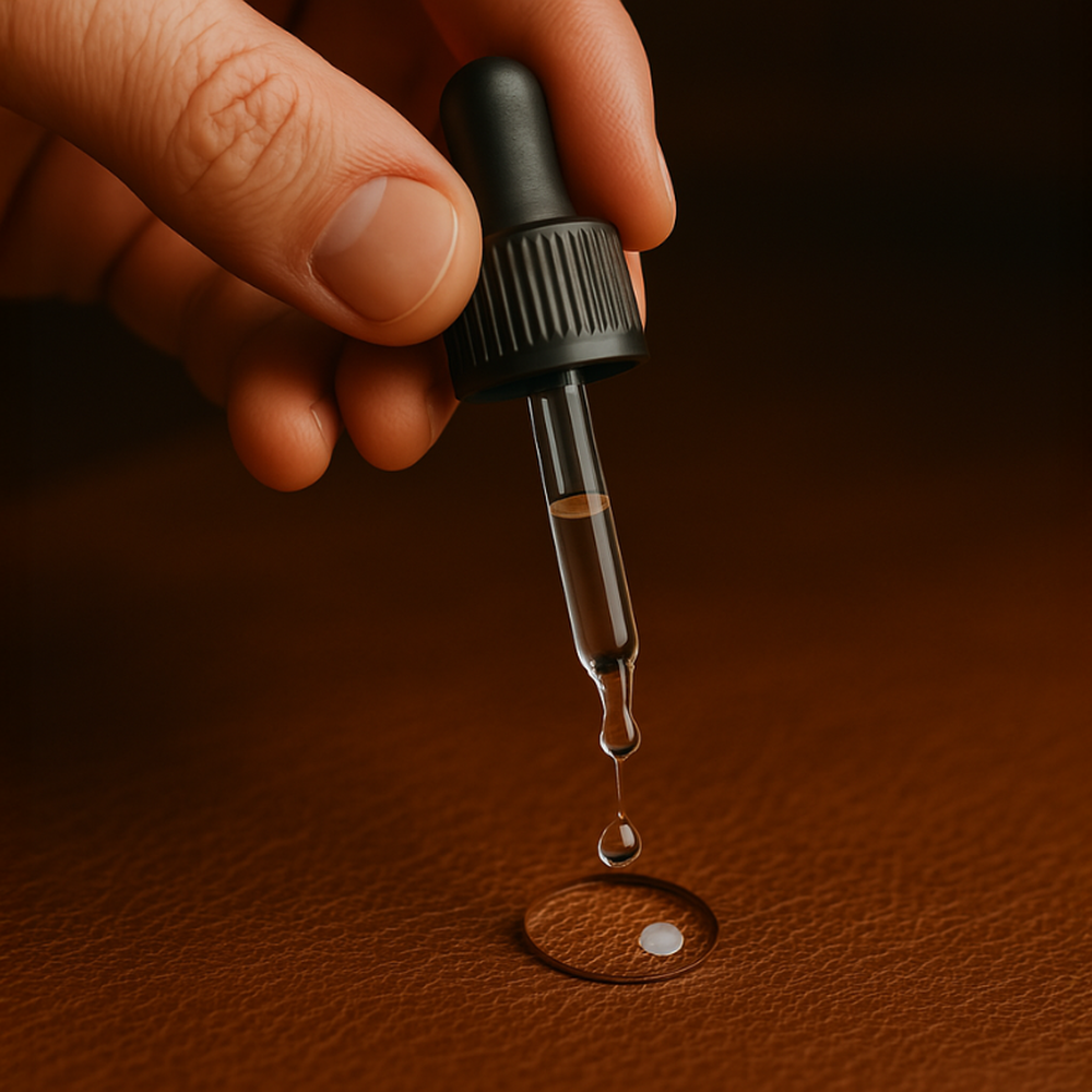 A dropper placing a bead of water on leather to test whether it absorbs