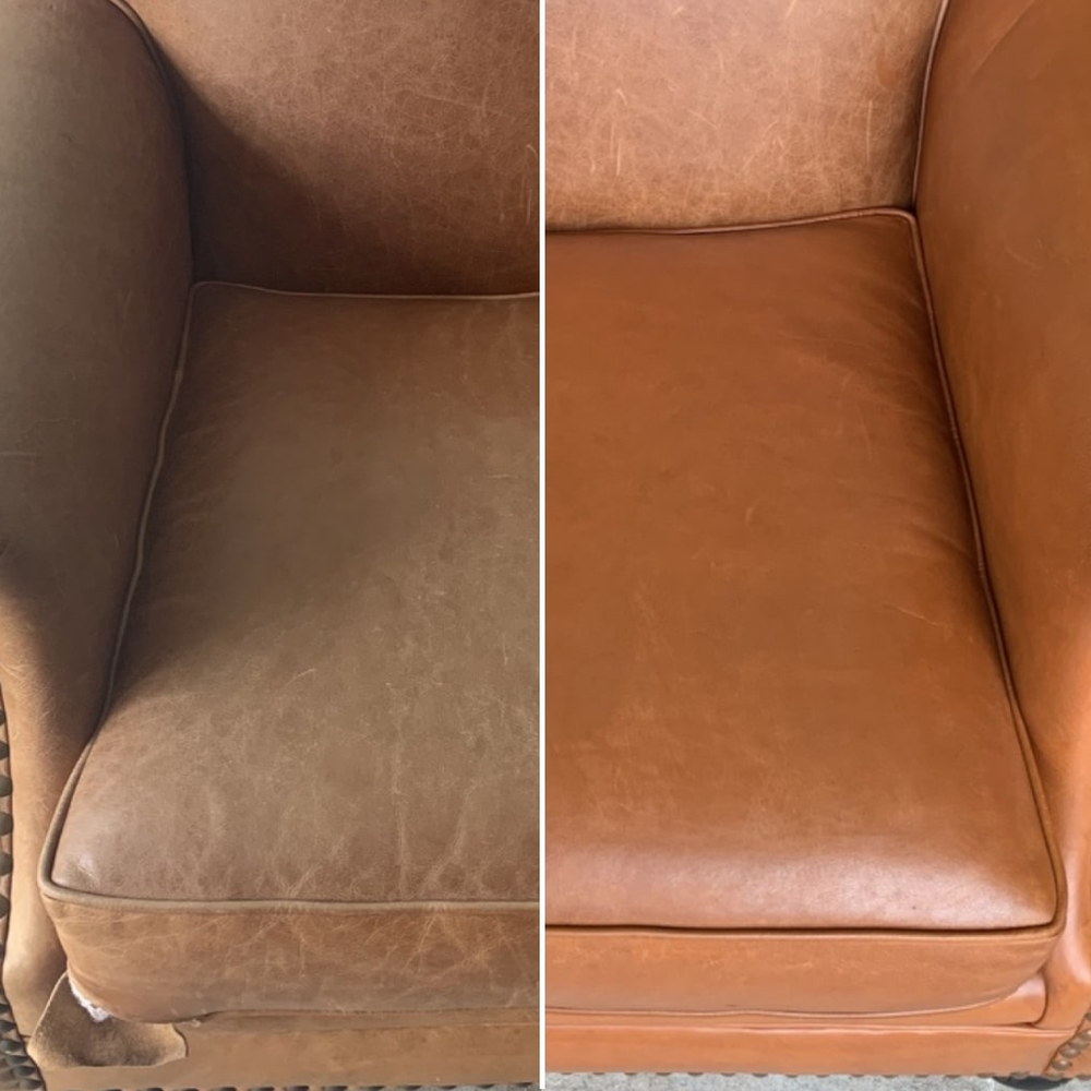 A leather armchair shown before and after being recolored
