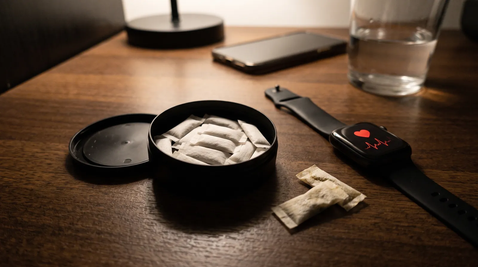 Open nicotine pouch can on a desk next to a smartwatch showing a racing heartbeat