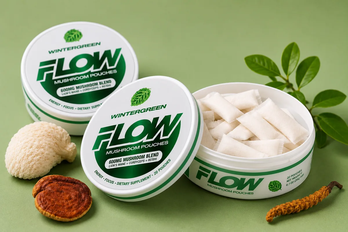 Open tin of Flow Wintergreen mushroom pouches next to Lion's Mane, Reishi and Cordyceps