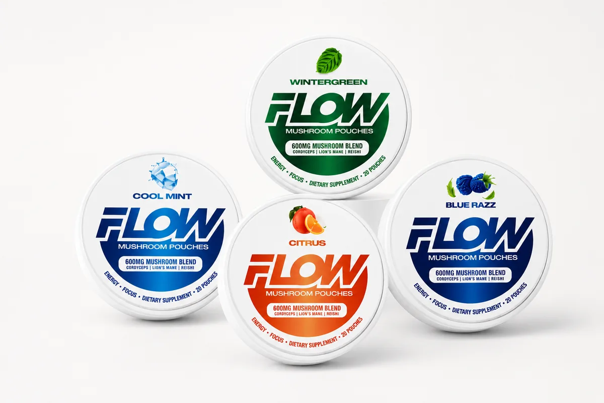 Flow mushroom pouch tins: Cool Mint, Wintergreen, Citrus and Blue Razz