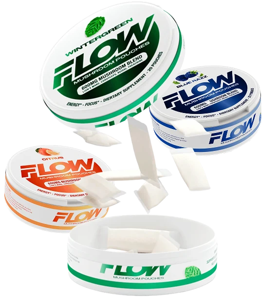 Flow pouch cans in Wintergreen, Blue Razz and Citrus with loose pouches