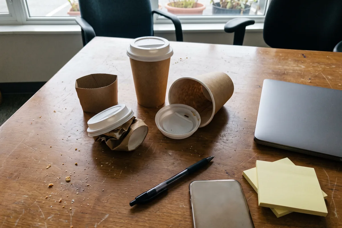 Empty coffee cups on an office desk in the afternoon