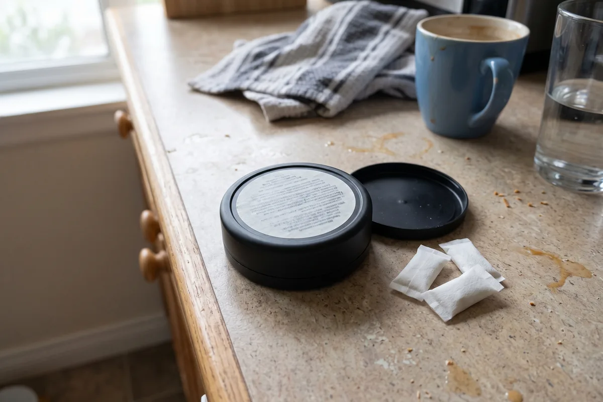 A pouch can flipped over on a kitchen counter to read the label on the bottom