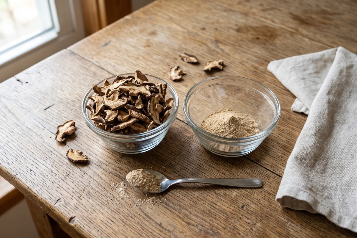 A bowl heaped with dried mushroom slices next to a small bowl of fine mushroom extract powder