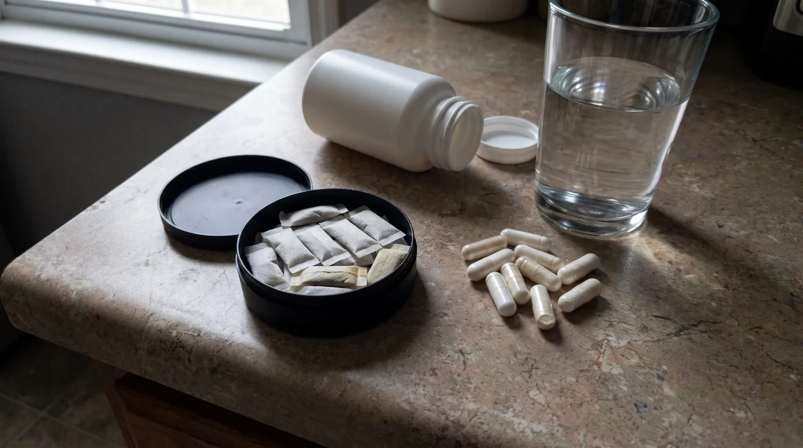 A heap of supplement capsules and a glass of water on a kitchen counter, next to an open can of pouches