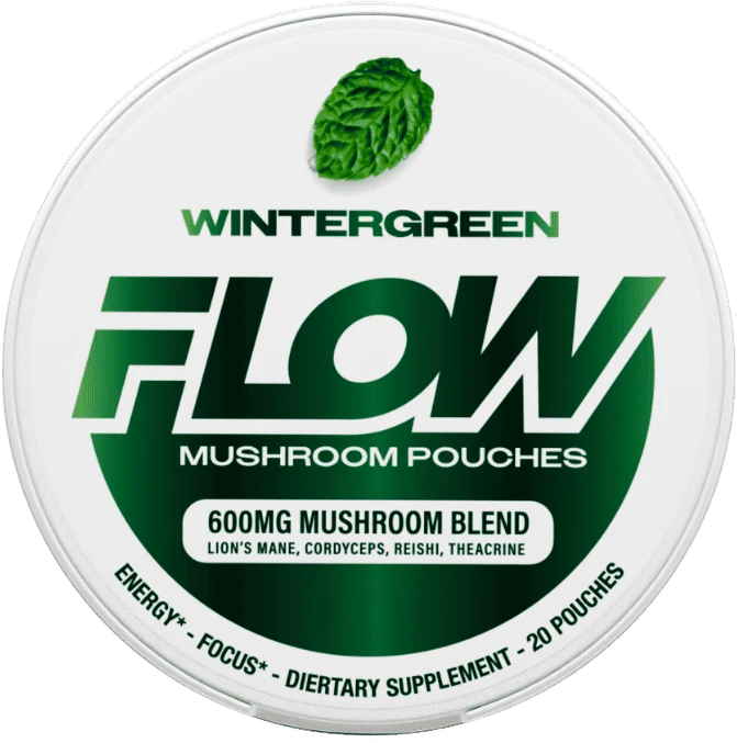 Can of Flow Wintergreen Mushroom Pouches, 600mg mushroom blend, 20 pouches