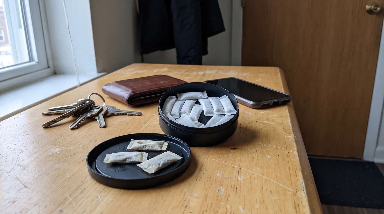 An open can of nicotine pouches with used pouches in the lid, next to keys, a wallet and a phone by the front door