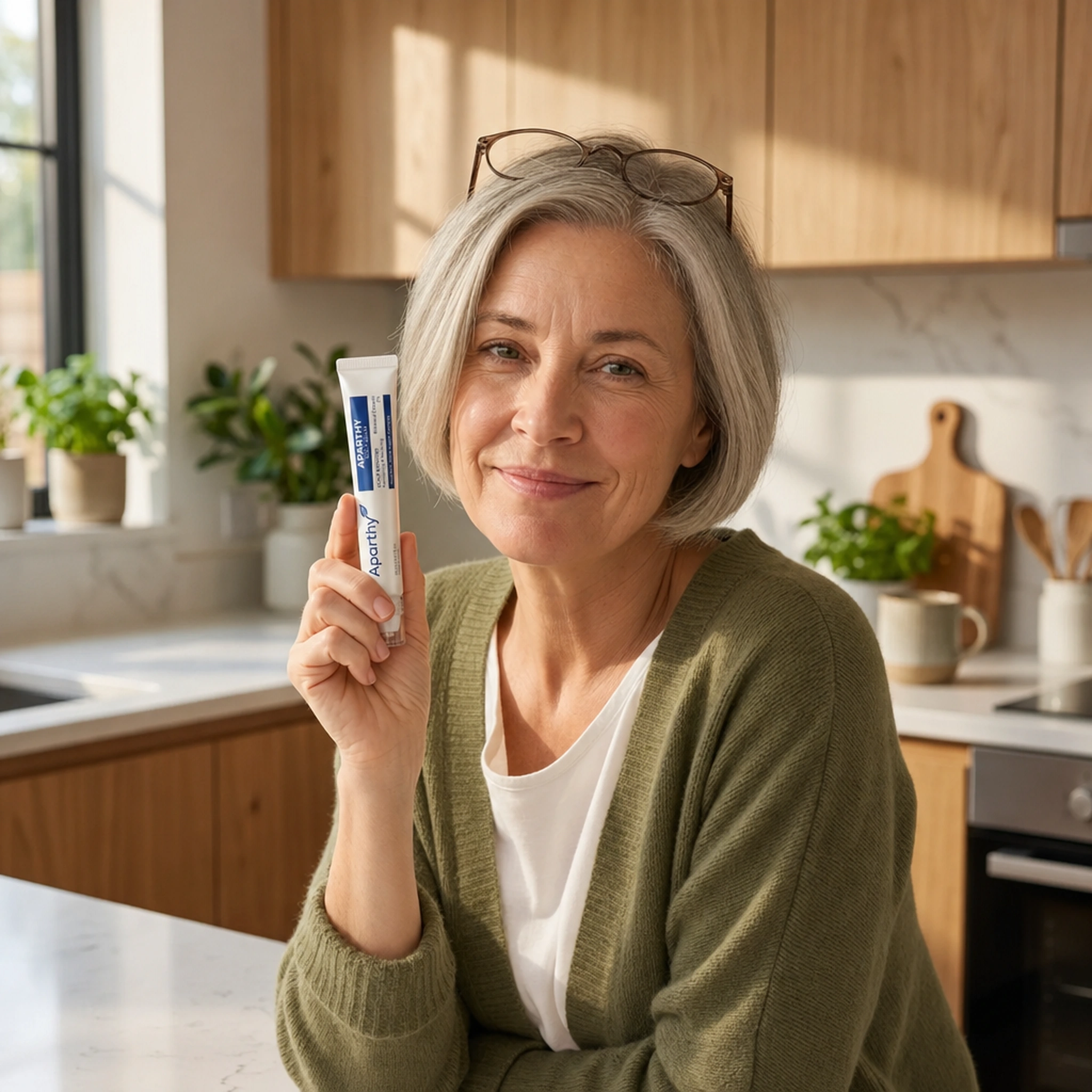 Diane holding her tube of Aparthy Deoxyribose Scalp Serum