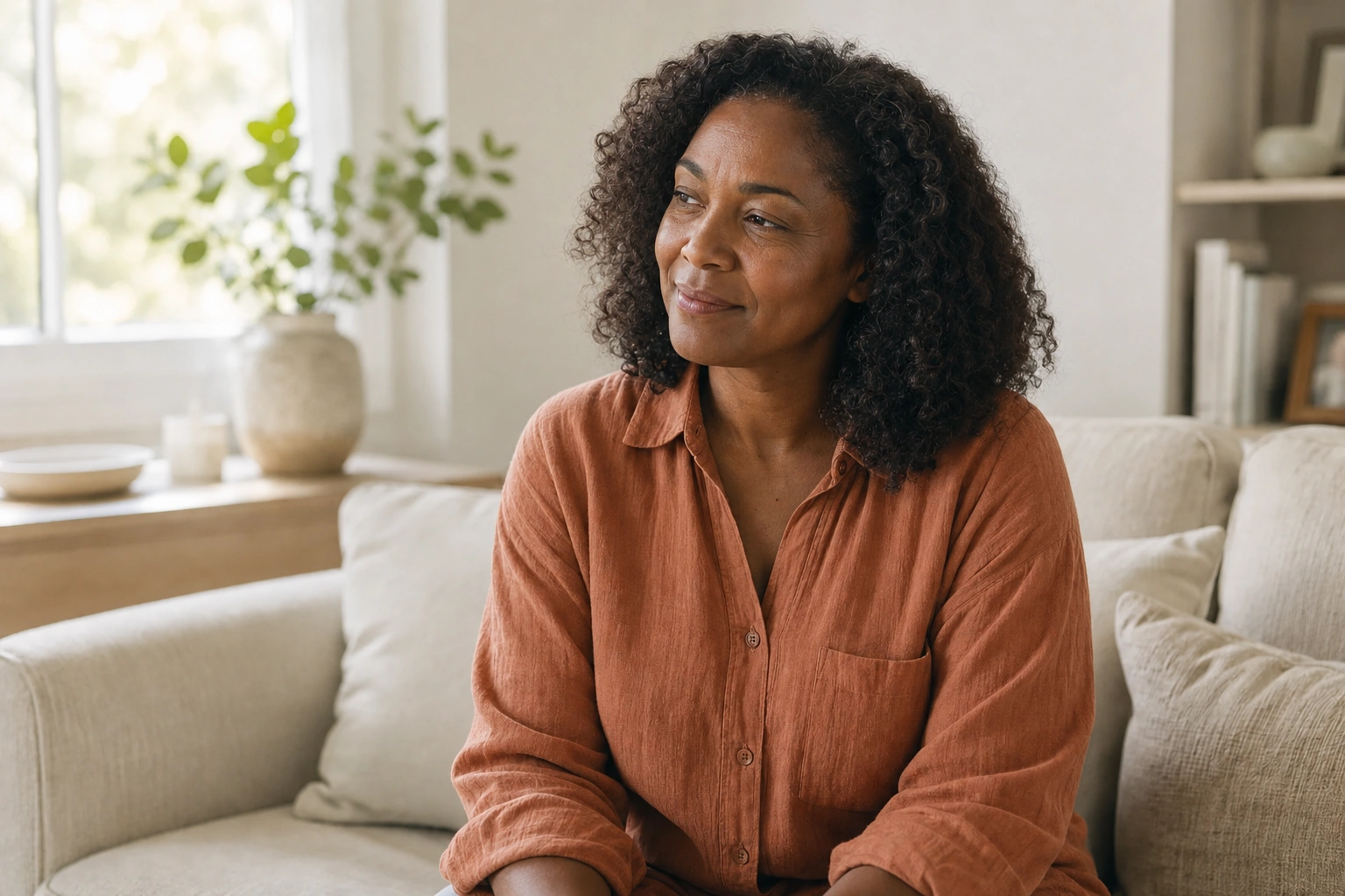 Woman checking her thinning hair and widening part line in the mirror
