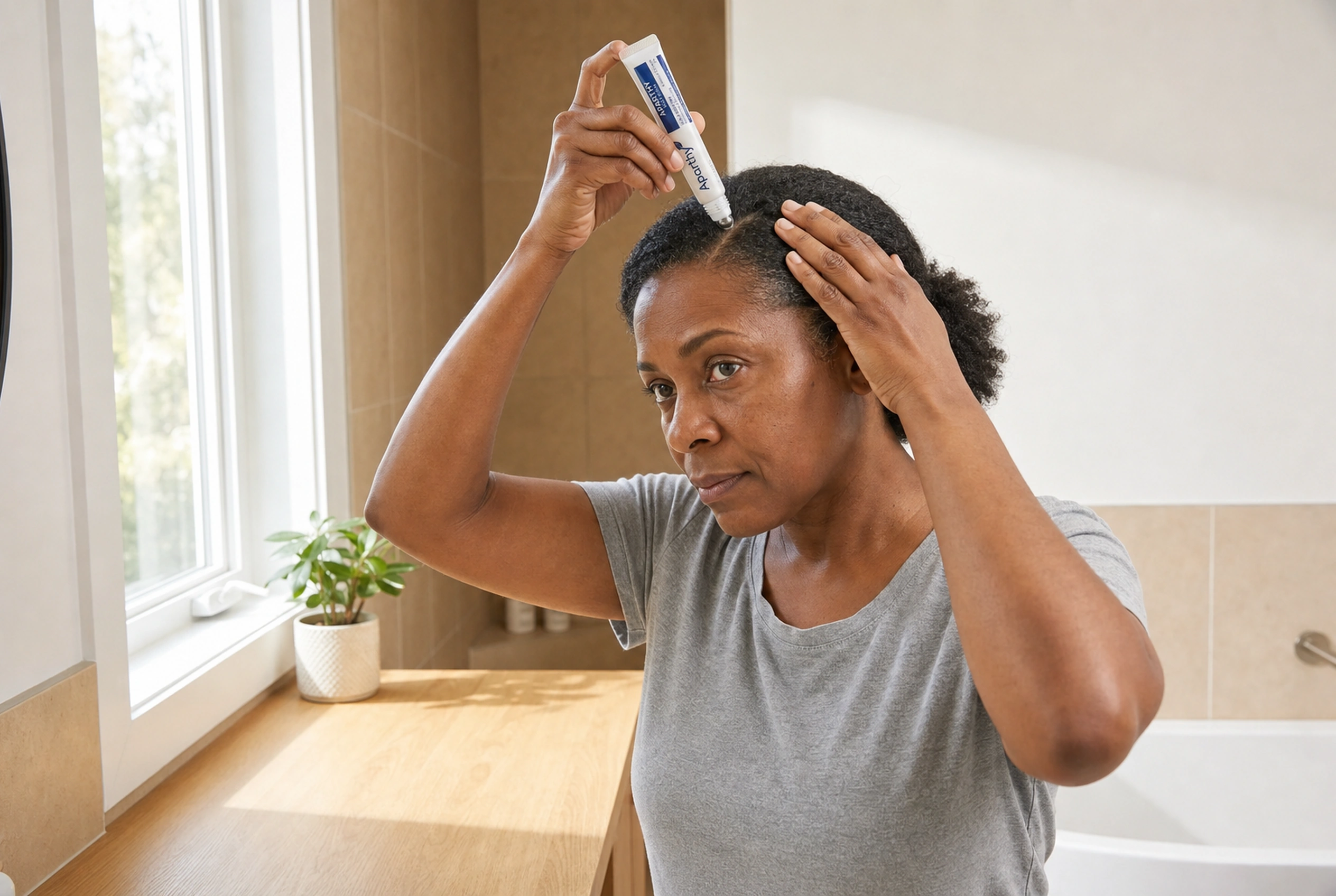 Diane rolling the Aparthy scalp serum along her part line