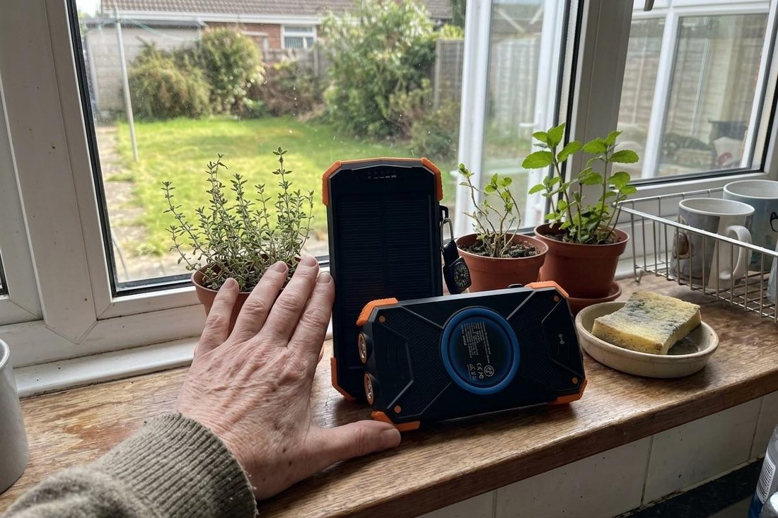 Two solar power banks charging on a sunny kitchen windowsill