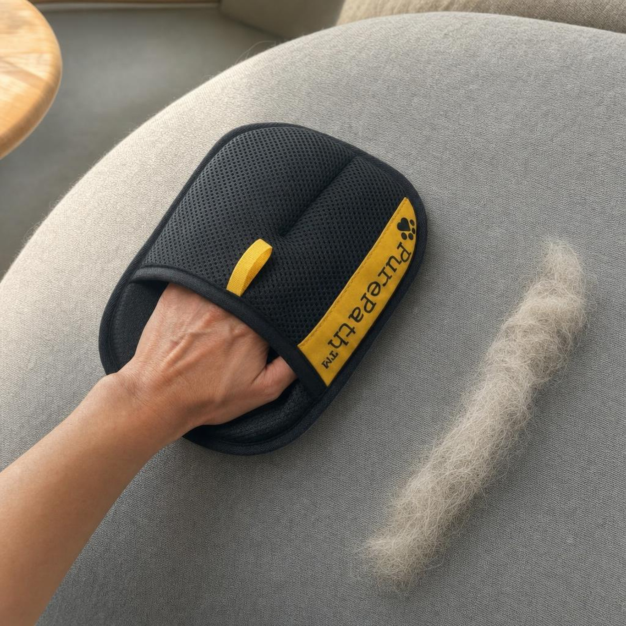 The PurePath Glove resting on a fur free sofa cushion.