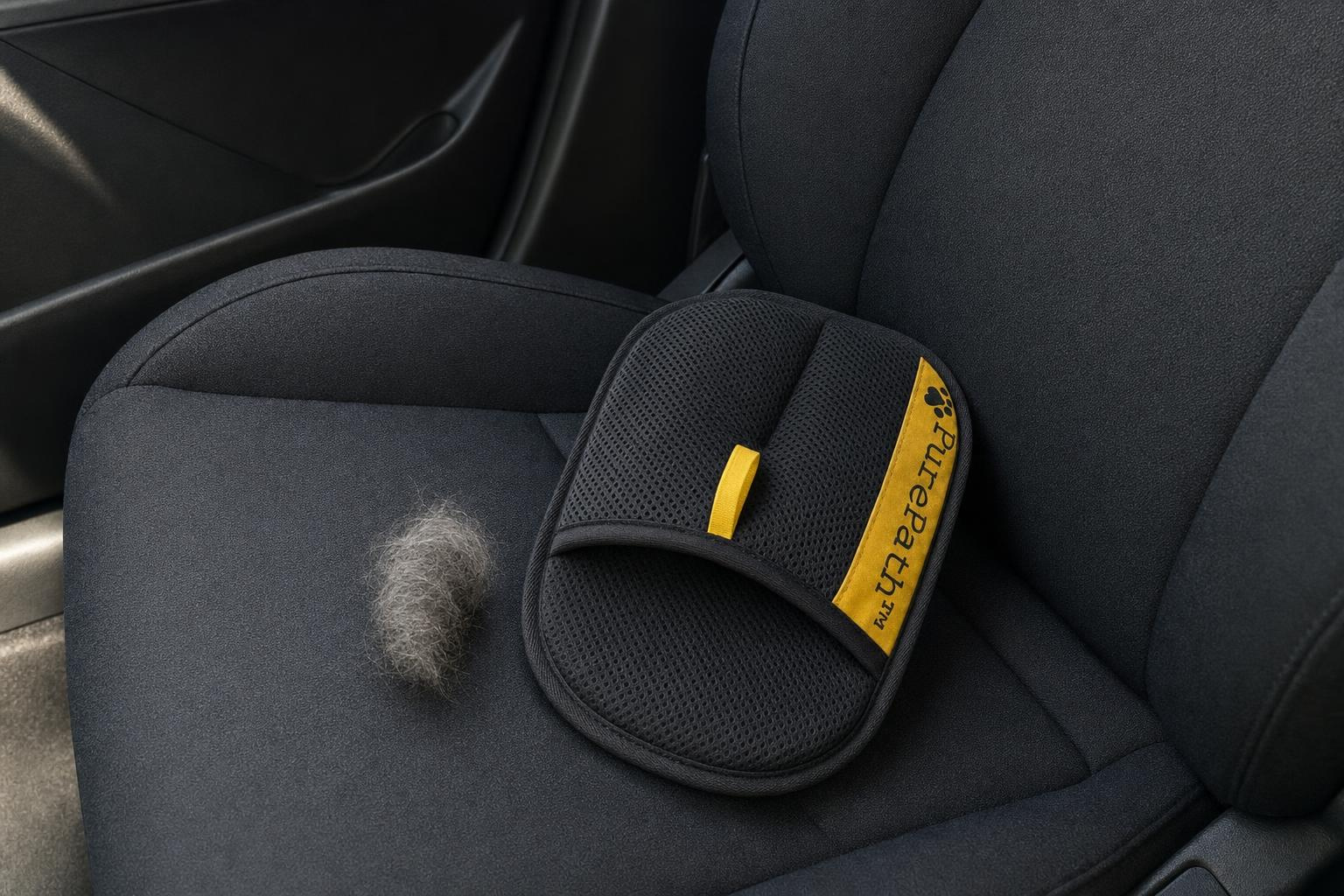 The charcoal PurePath mesh glove resting on a car seat after clearing the upholstery of pet hair