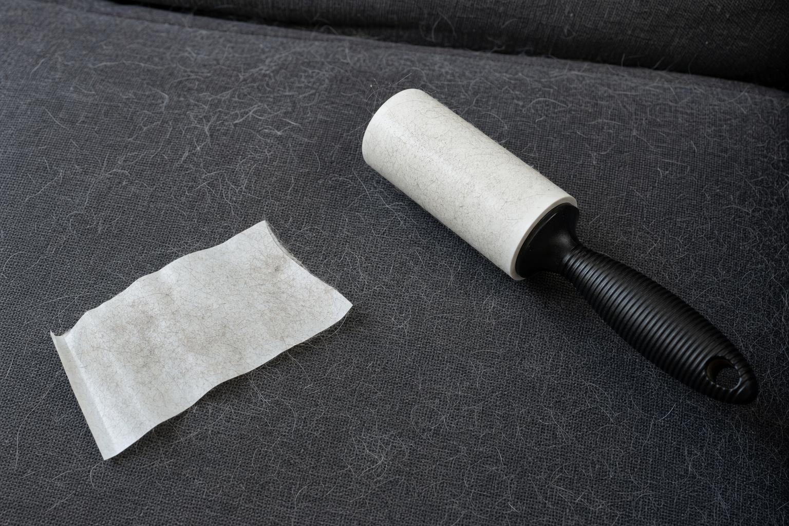 Close-up of a used lint roller sheet covered in loose surface fluff beside a cushion still full of embedded pet hair