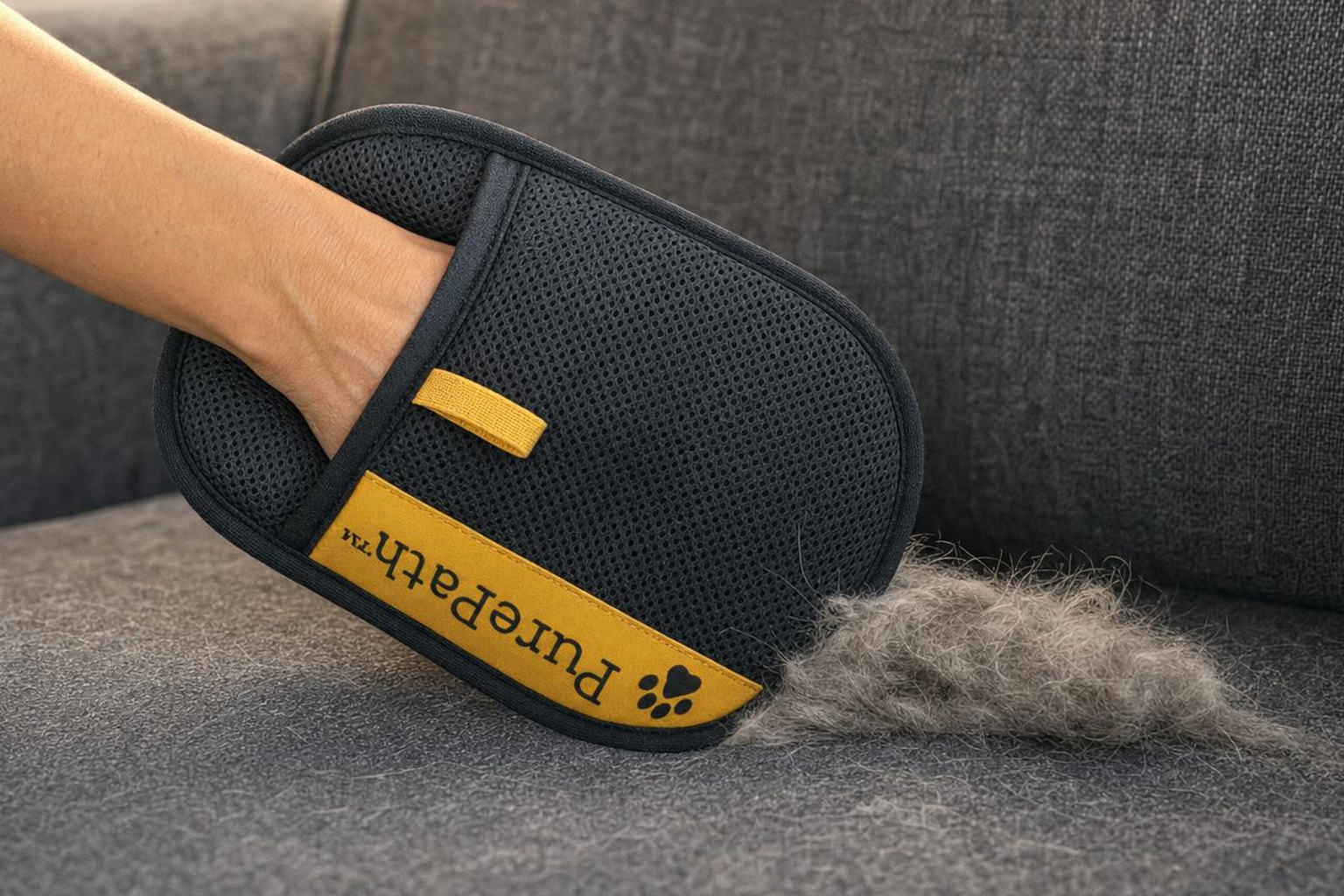 Hand wearing the charcoal PurePath mesh glove gathering a thick clump of dog hair from a grey fabric sofa