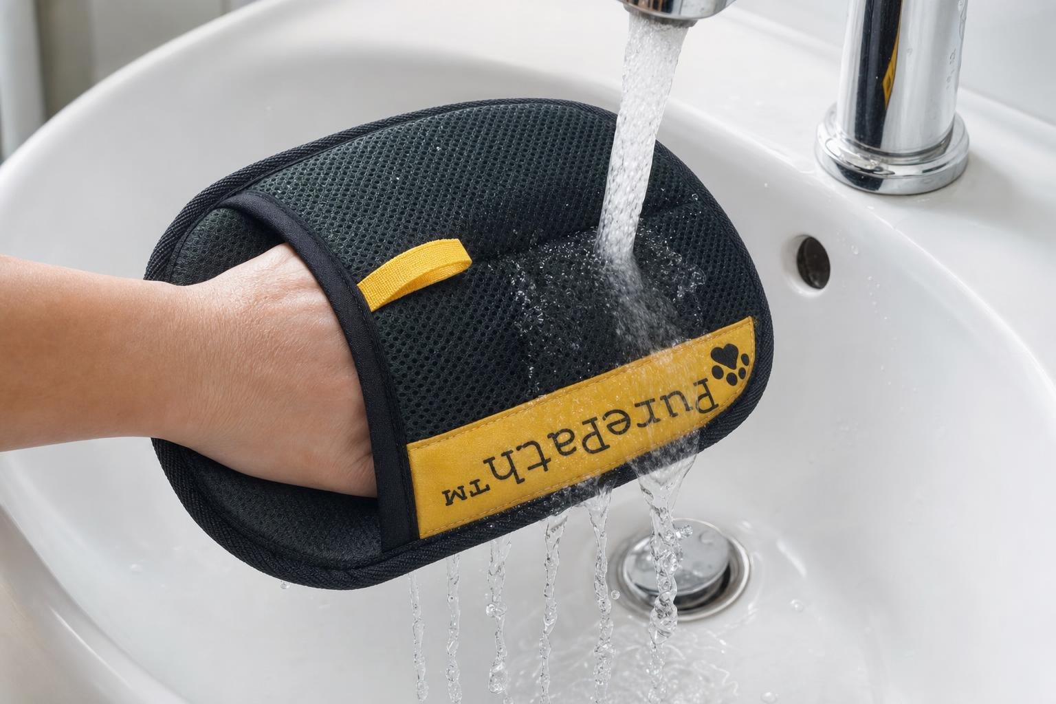 The PurePath glove being rinsed clean under a running tap in a bathroom sink