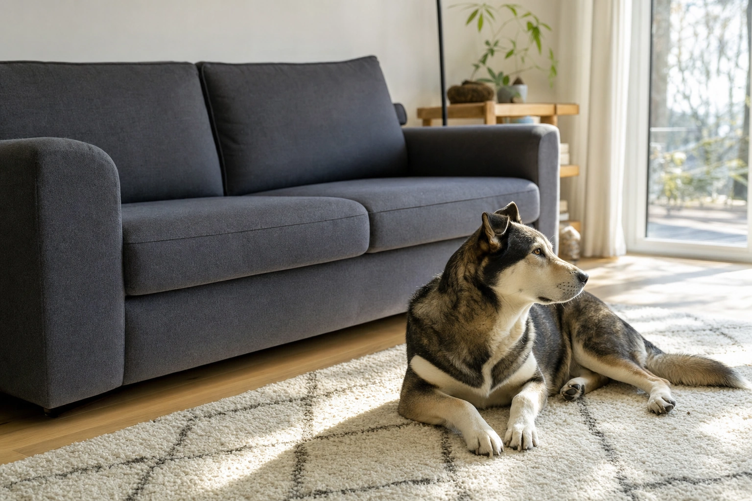 Bright living room with a spotless dark grey sofa and a husky mix lying on the rug beside it