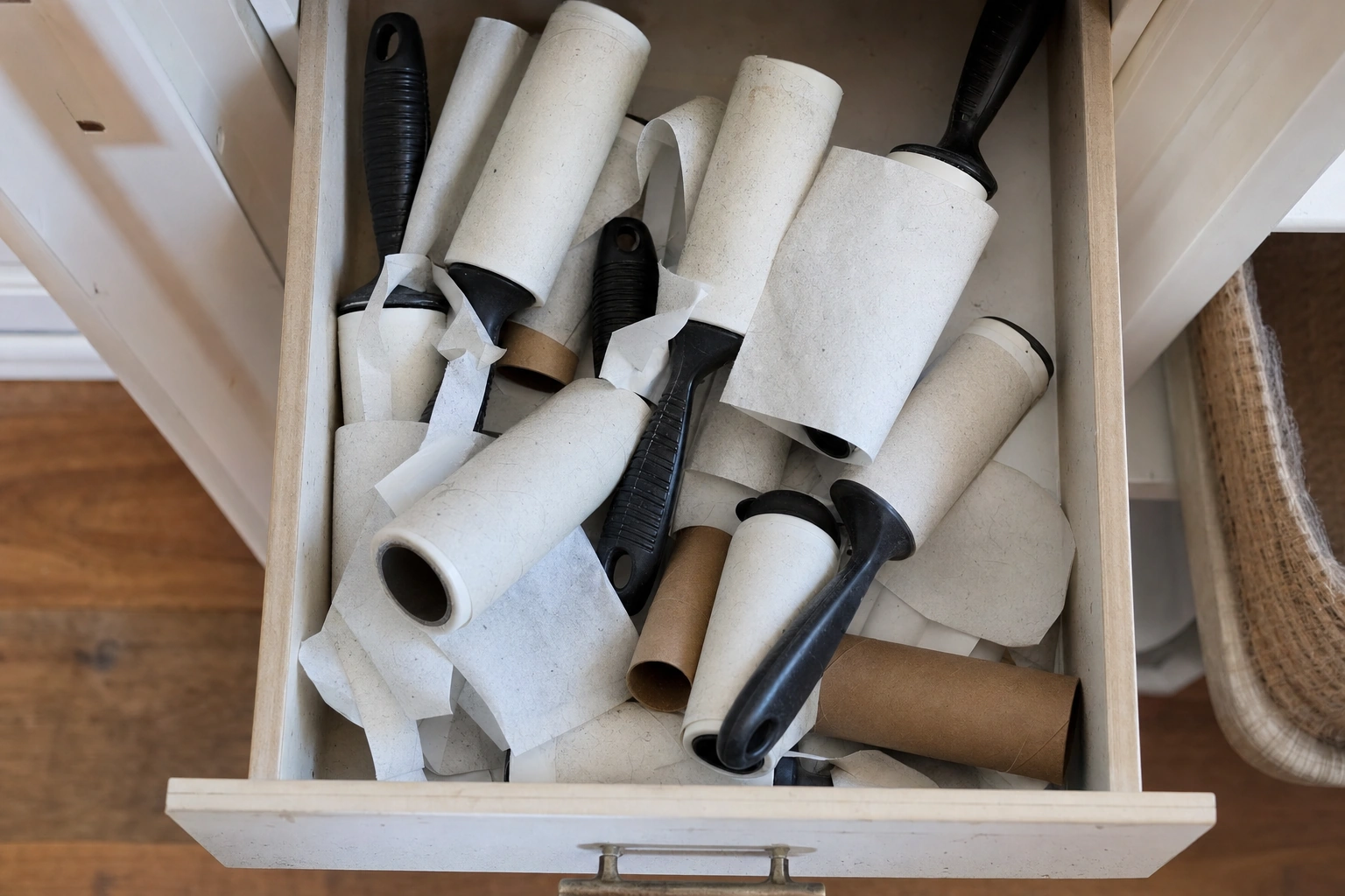 Open household drawer crowded with half-used disposable lint rollers and loose sticky sheets