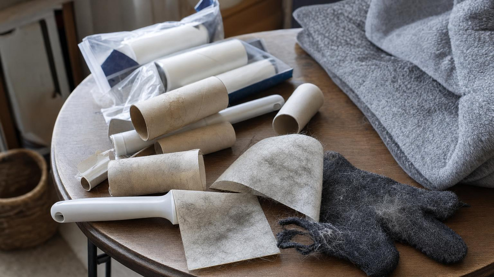 Side table cluttered with used lint rollers, refill sheets and a folded throw