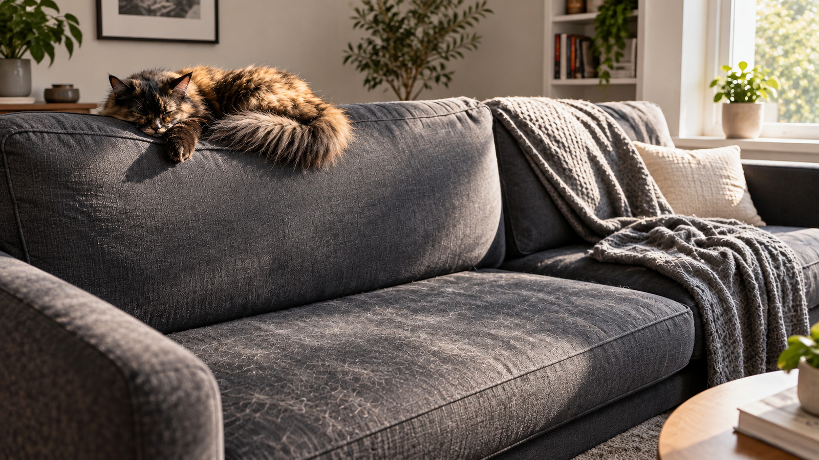 Charcoal fabric couch covered in pale cat hair, a long haired cat asleep on the back and a throw across one end